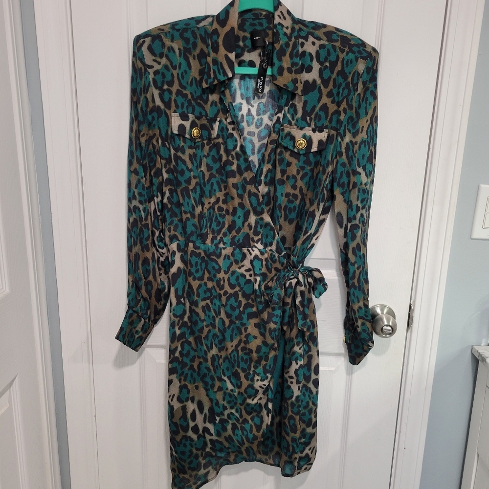 PINKO Emerald Green Leopard Print Wrap Dress Size 6